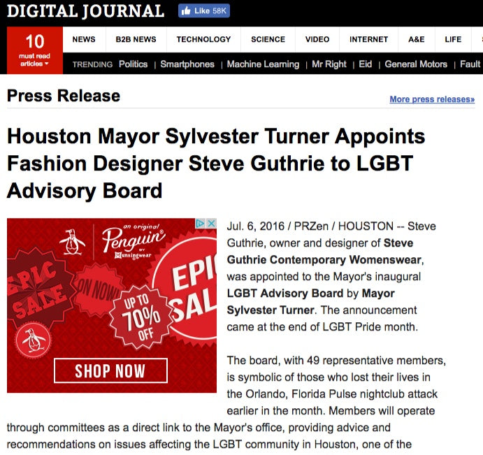 Houston Mayor Sylvester Turner Appoints Fashion Designer Steve Guthrie to LGBT Advisory Board  Read more: http://www.digitaljournal.com/pr/2996228#ixzz4DfoPeE2S