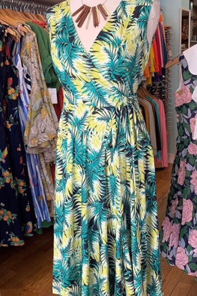 Tropical Green Leaf Sleeveless Kelsie Dress by Unique Vintage