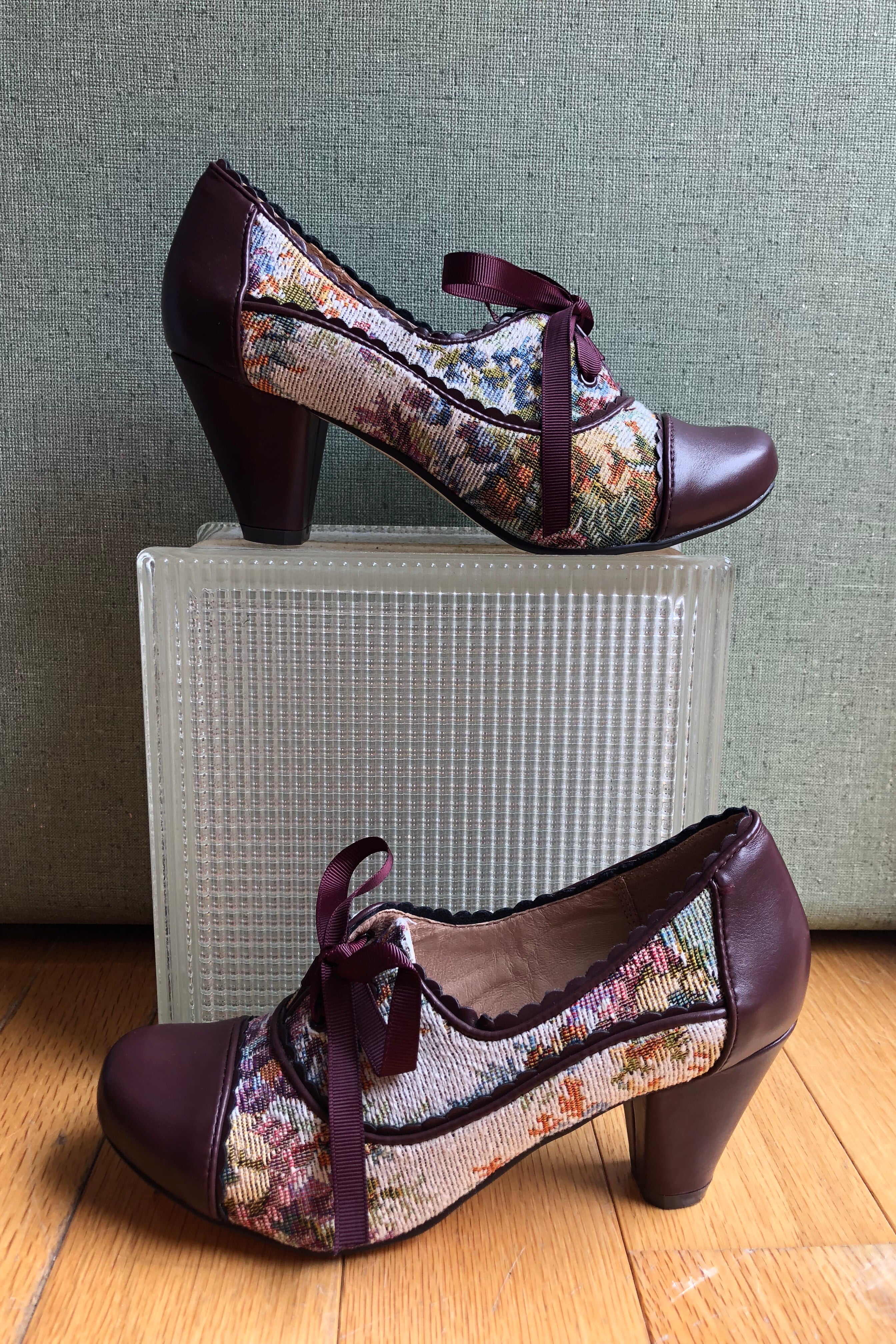 Madison Tapestry and Burgundy Lace-Up Heels by Chelsea Crew