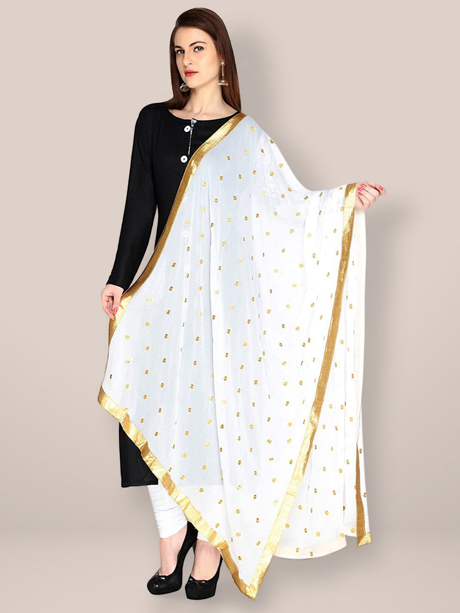 White Chiffon Dupatta with Gold Embroidery and Lace Dupatta Bazaar