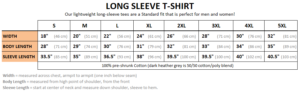 Long Sleeve T-Shirt Sizing Chart - Heavily Equipped, heavy equipment operators