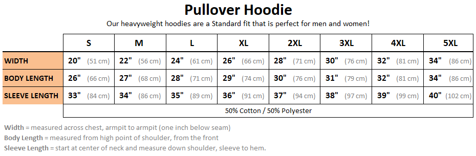 Pullover Hoodie Size Chart - Heavily Equipped, heavy equipment operators