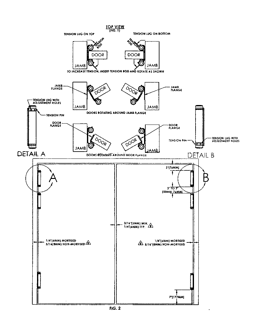 Illustrations for installing double acting spring hinges