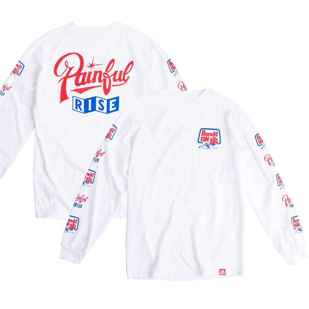 white long sleeves t-shirt with print on the sleeves, painful rise design, banditism, 123klan, vector, design graphic tee