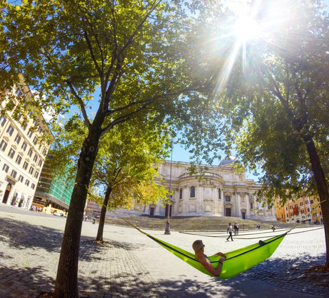 hammocking at a park in the city