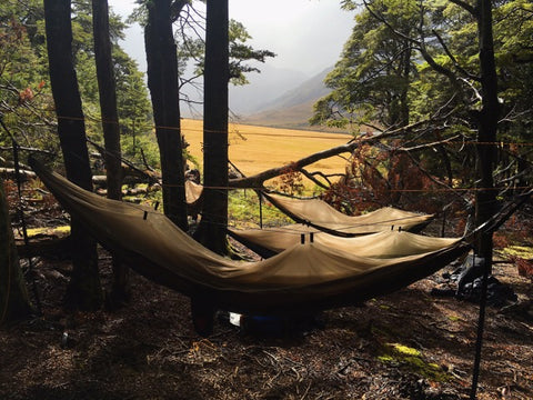 skeeter beeter hammock set-up by a river in New Zealand