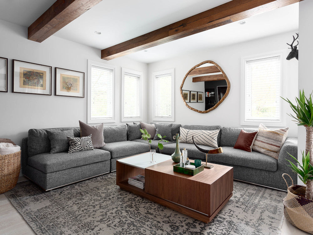 Karin Bohn's Living Room with Ceiling Beams made from rustic hardwood floor planks