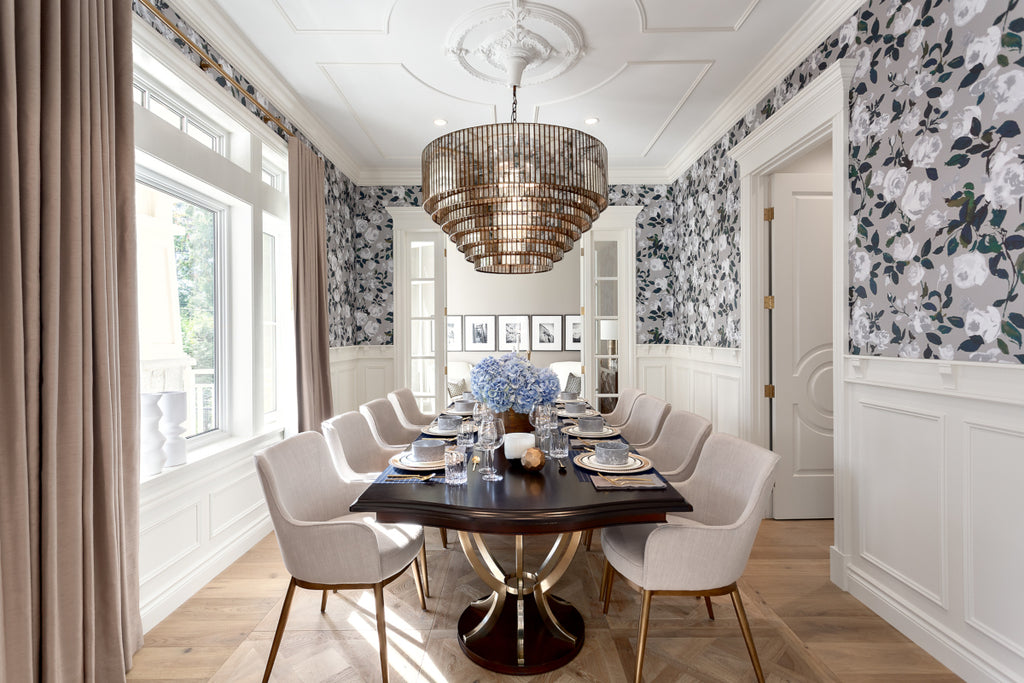 Art Deco Inspired Dining Room in Vancouver with ornate ceiling molding and parquet hardwood floors