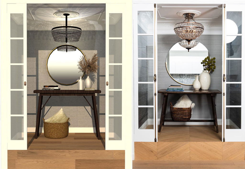 Side by side comparison of the low and high budget options for a Parisian apartment foyer inspiration