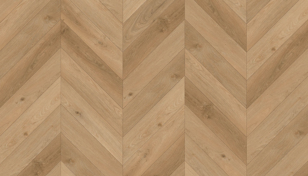 Top view of a chevron patterned oak vinyl floor