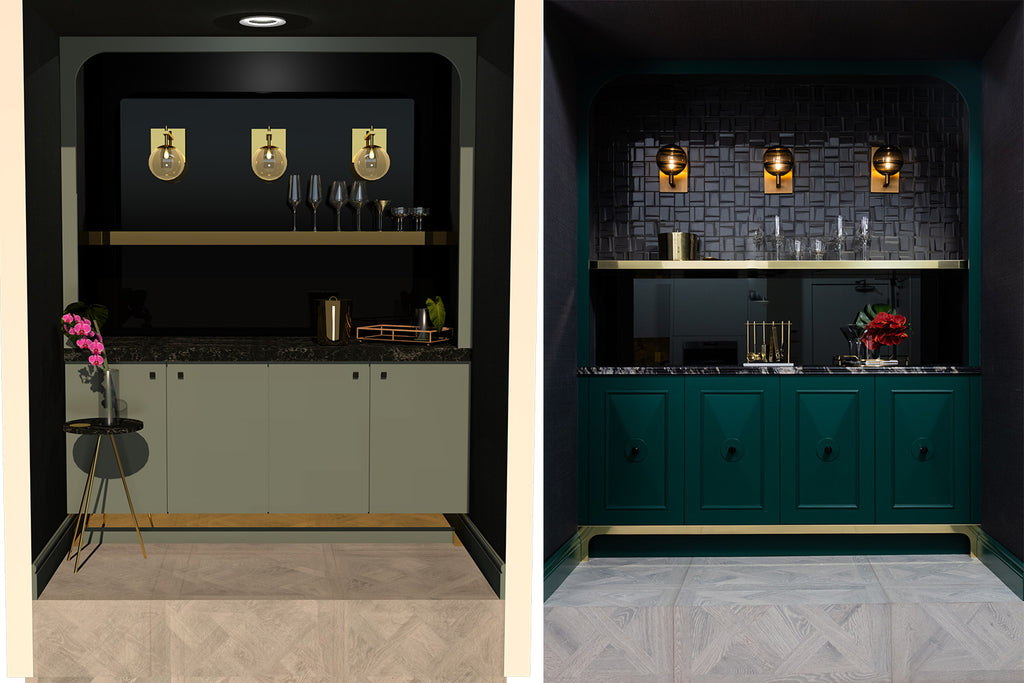 Side by side comparison of a rendering vs a real vignette of a Hollywood Regency inspired home bar