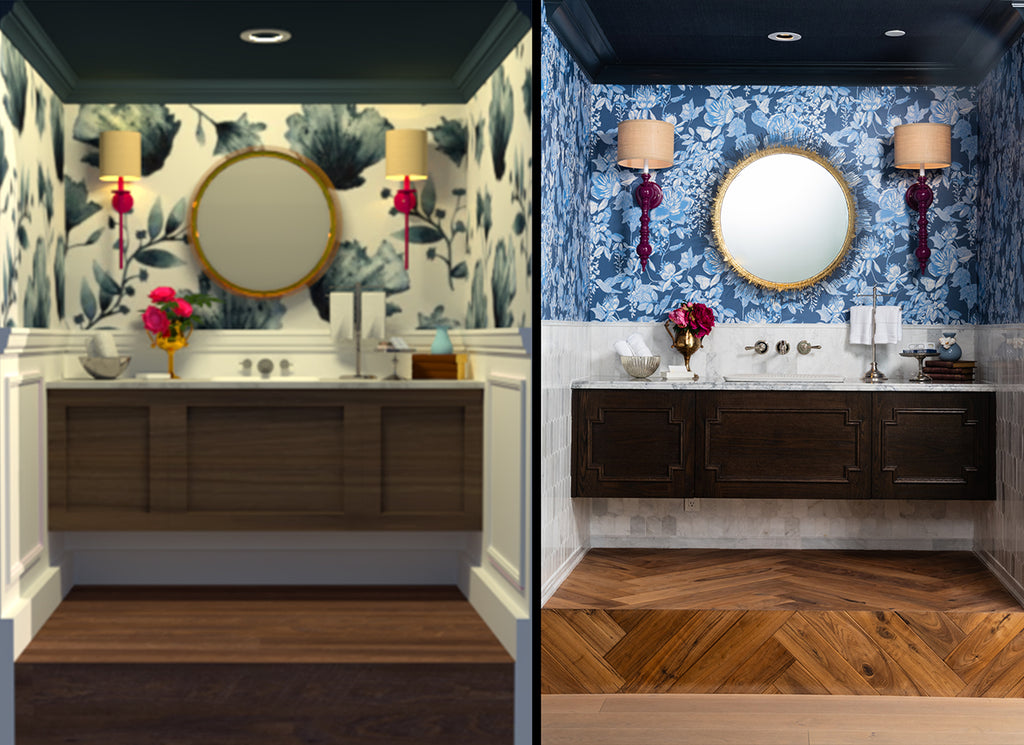 Rendering vs Real Vignette of Modern Traditional Inspired Powder Room in Divine Flooring Showroom
