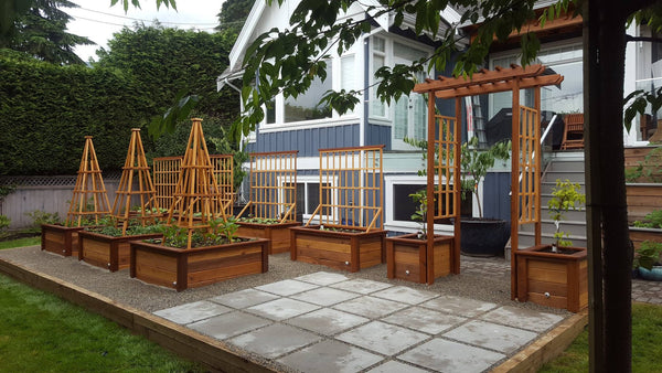 Self-Watering elevated deck, patio, and backyard garden. Cedar raised beds, container gardens, and veggie/vegetable gardens featuring GardenWell sub-irrigation to create wicking beds for growing your own food.