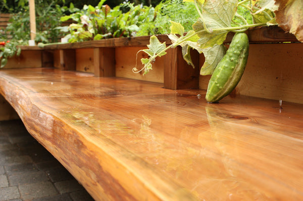 Self-Watering elevated patio garden. Cedar raised beds, container gardens, and veggie/vegetable gardens featuring GardenWell sub-irrigation to create wicking beds for growing your own food.