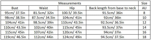 aine size guide garment measurements