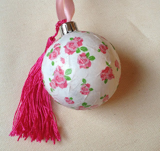 pink floral decoupaged baubles tassels 