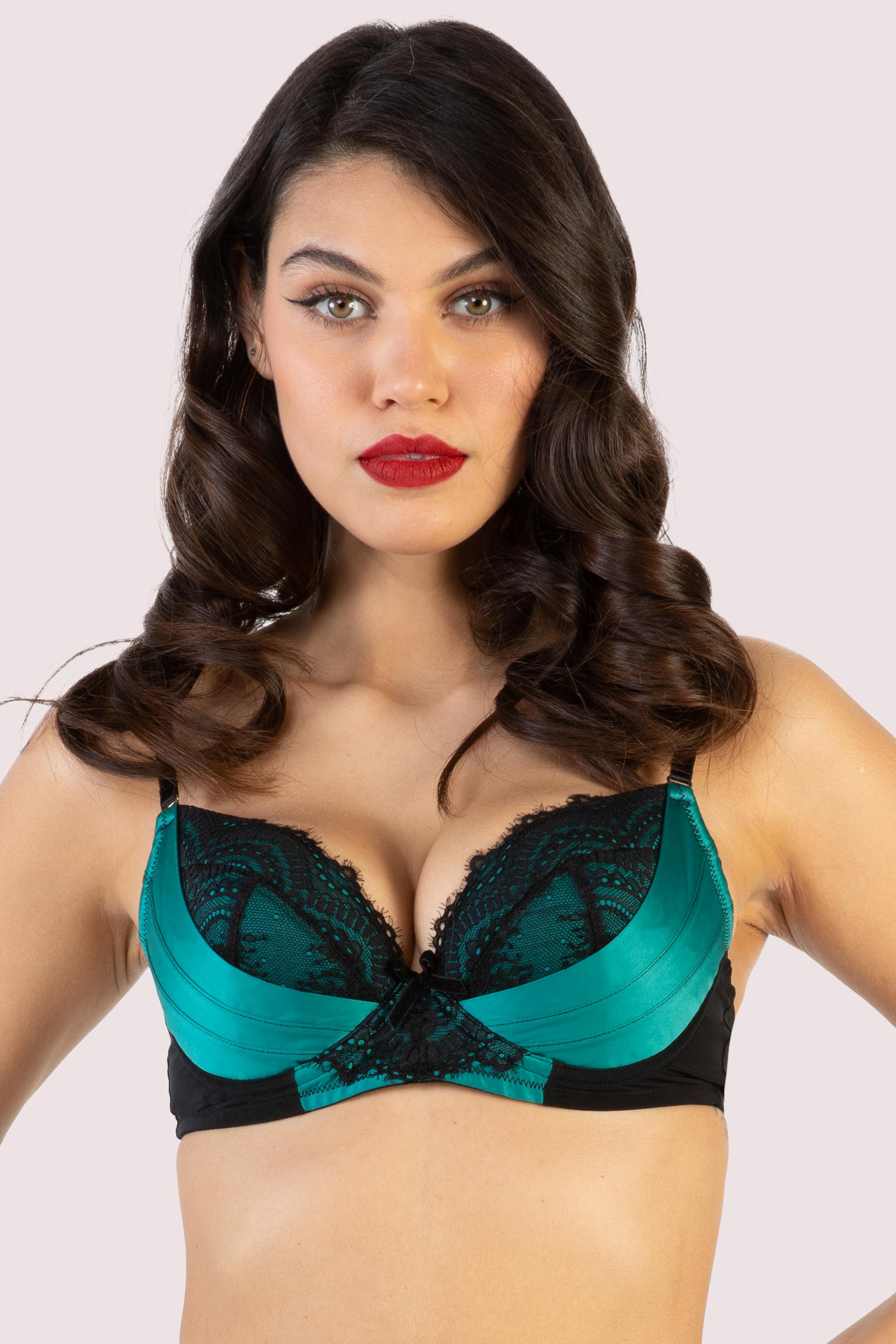 Melda Teal Satin And Lace Bra 32E