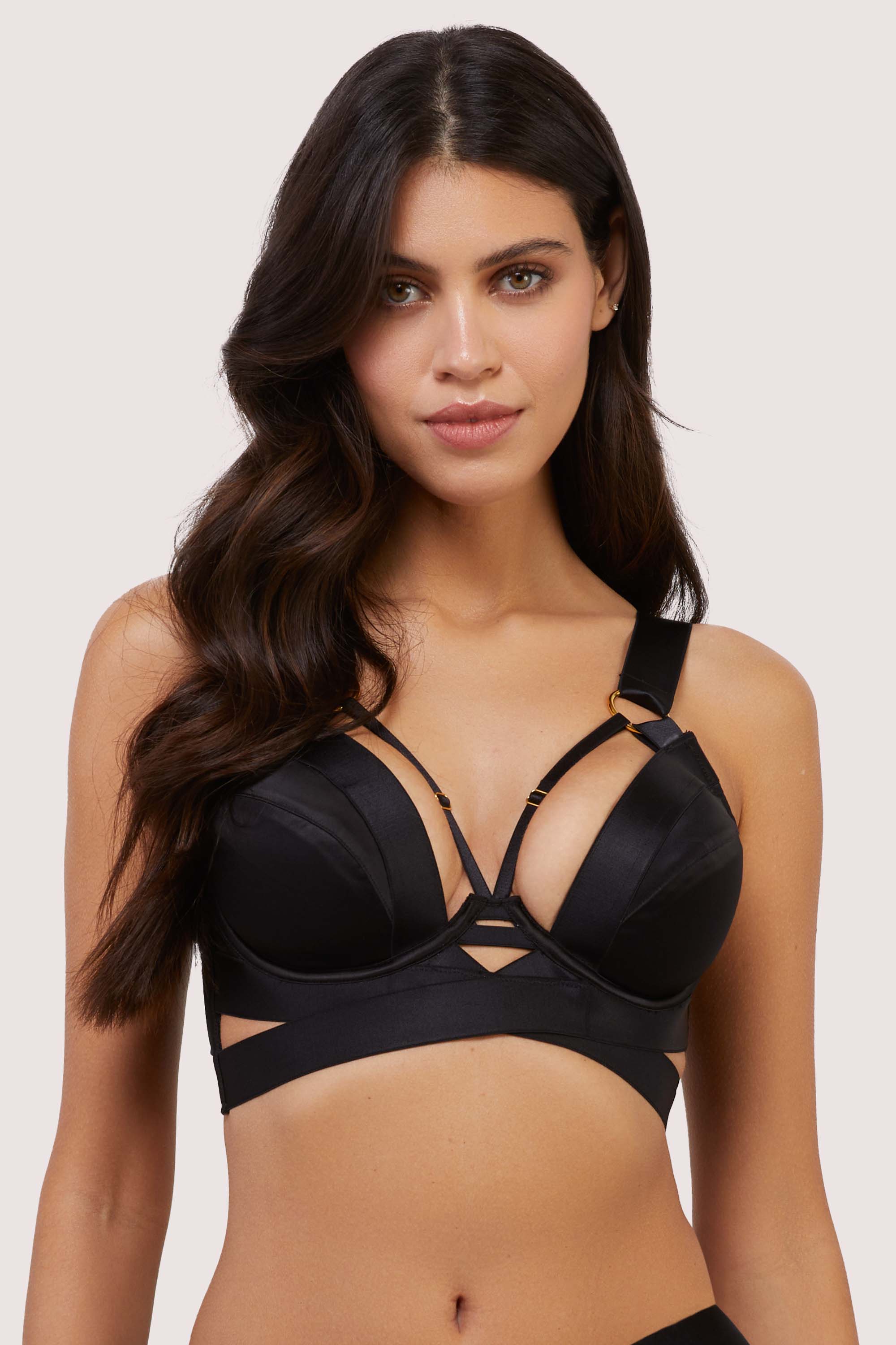 Etta Black Satin and Mesh Longline Padded Plunge Bra 32D