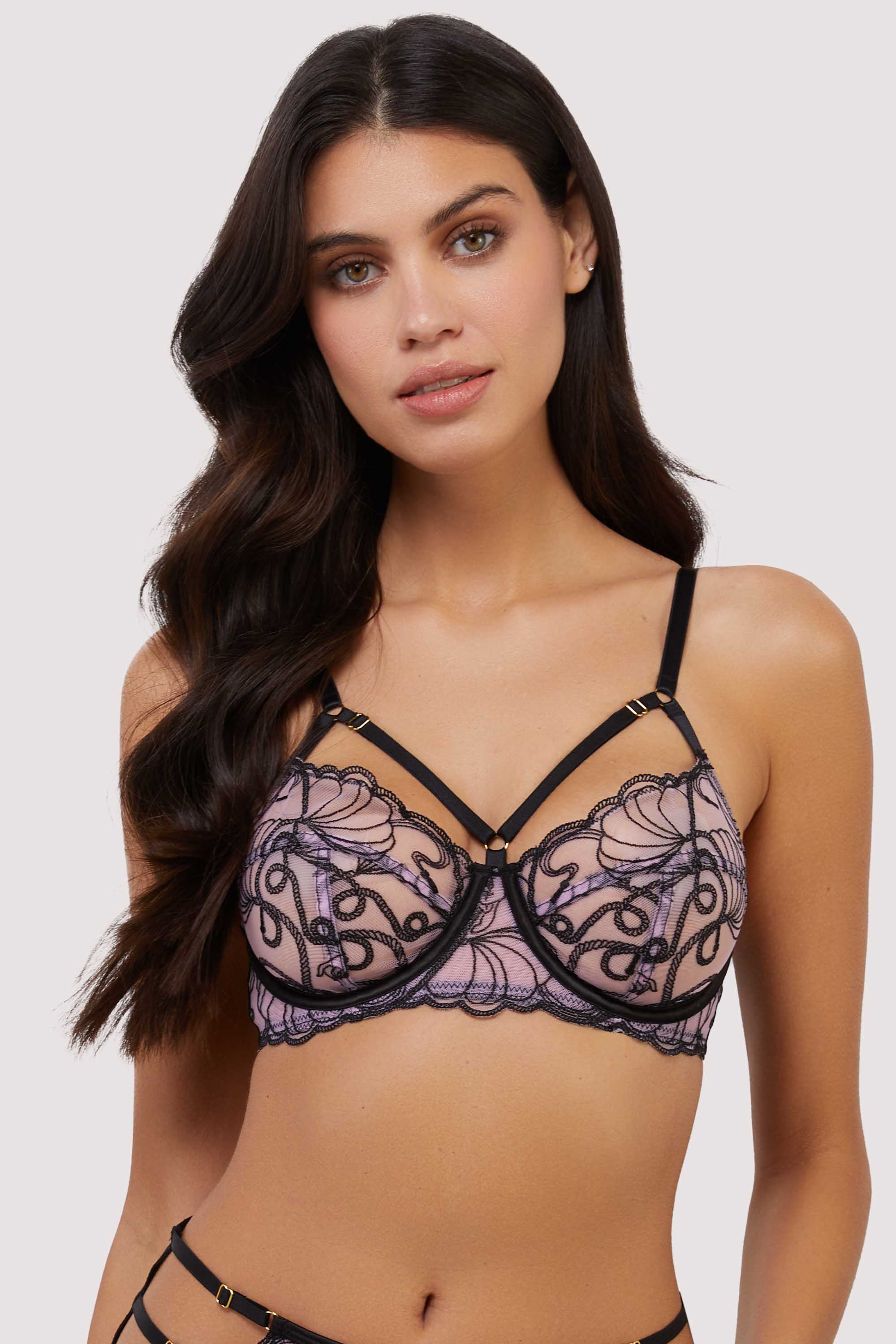 Jessie Pink and Black Whip Embroidery Balconette Bra 38G