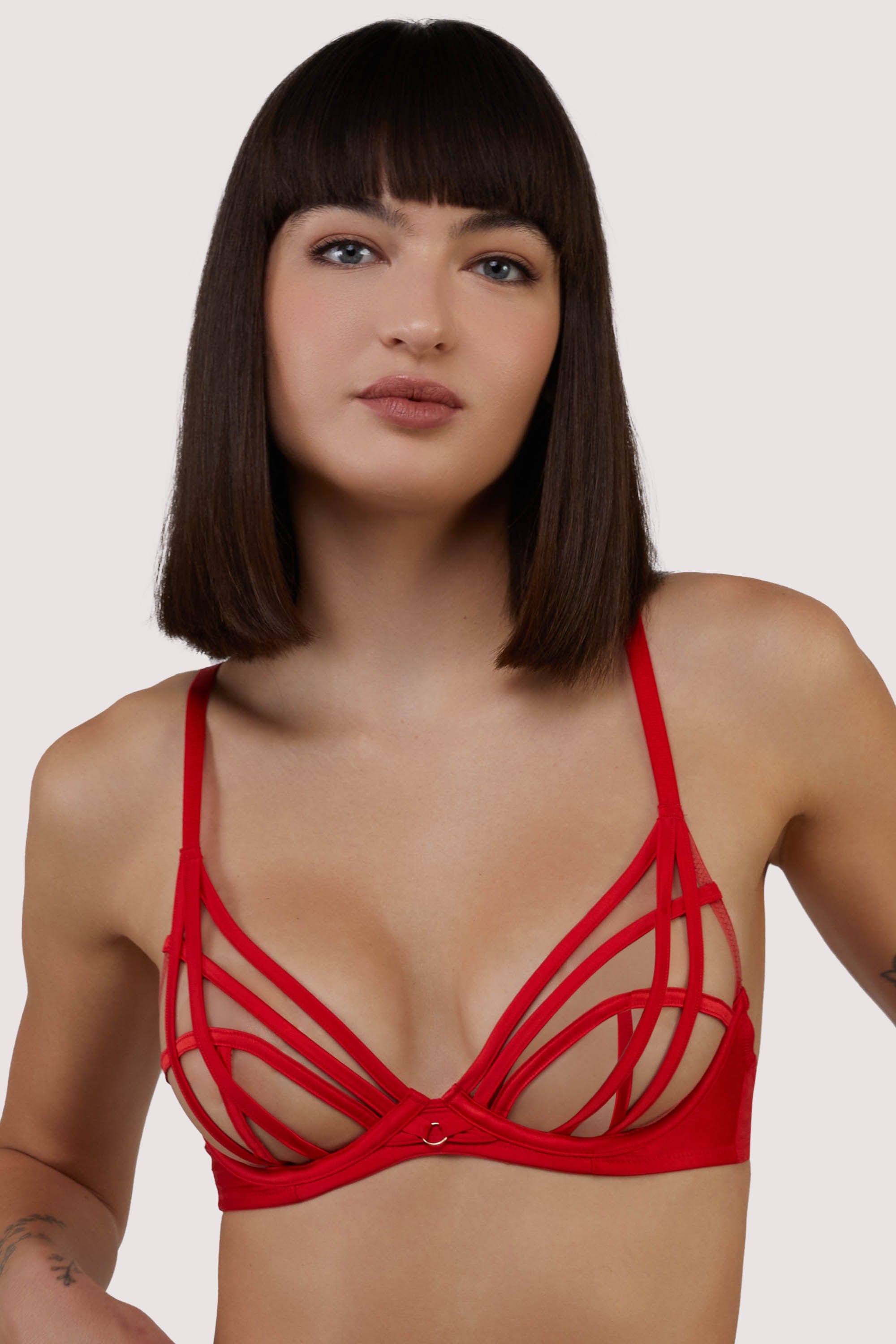 Ramona red Strap Detail Illusion Sheer Plunge Bra 42GG