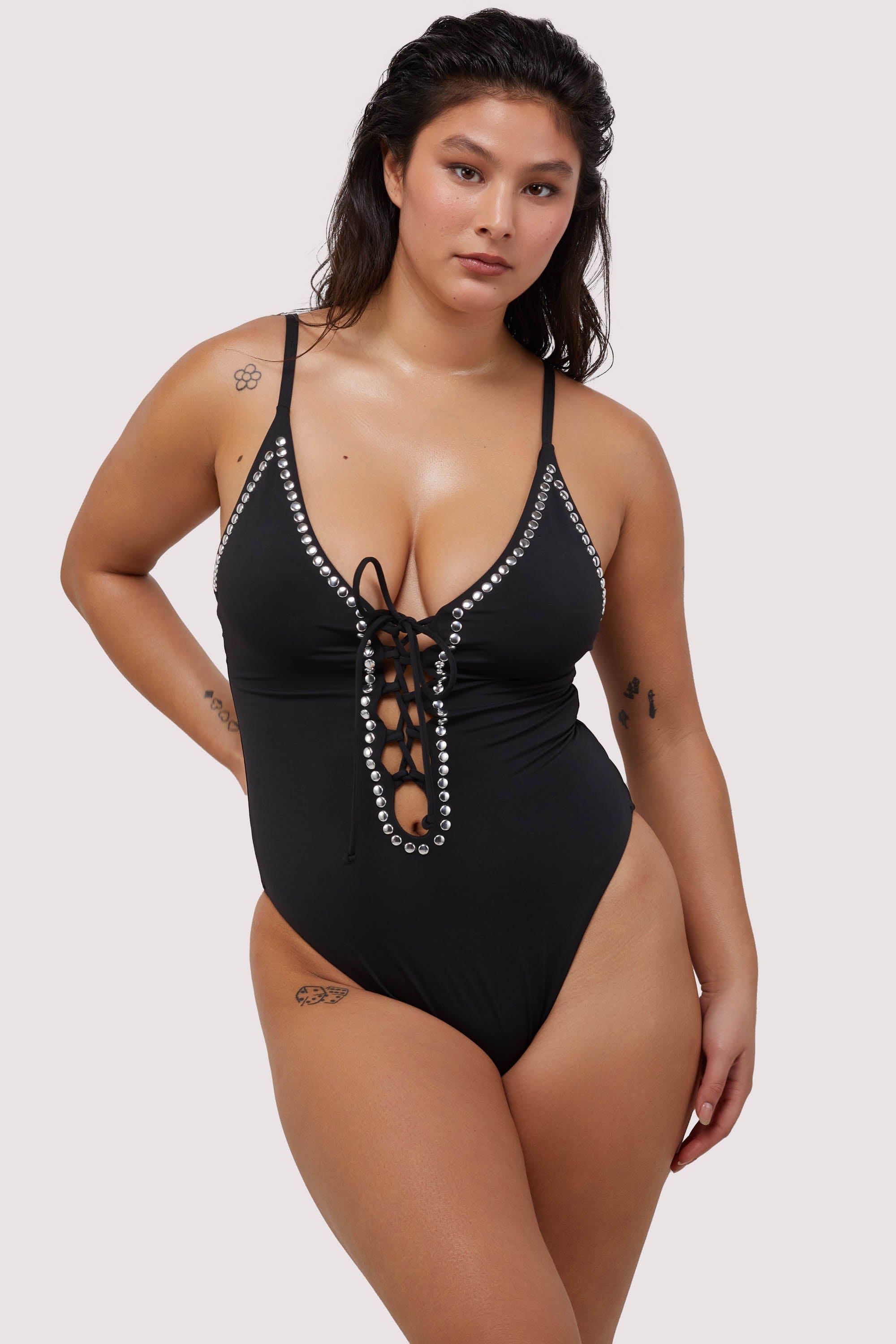Gabrielle Fuller Bust Black Eco Studded Lace-Up Swimsuit 12D/DD