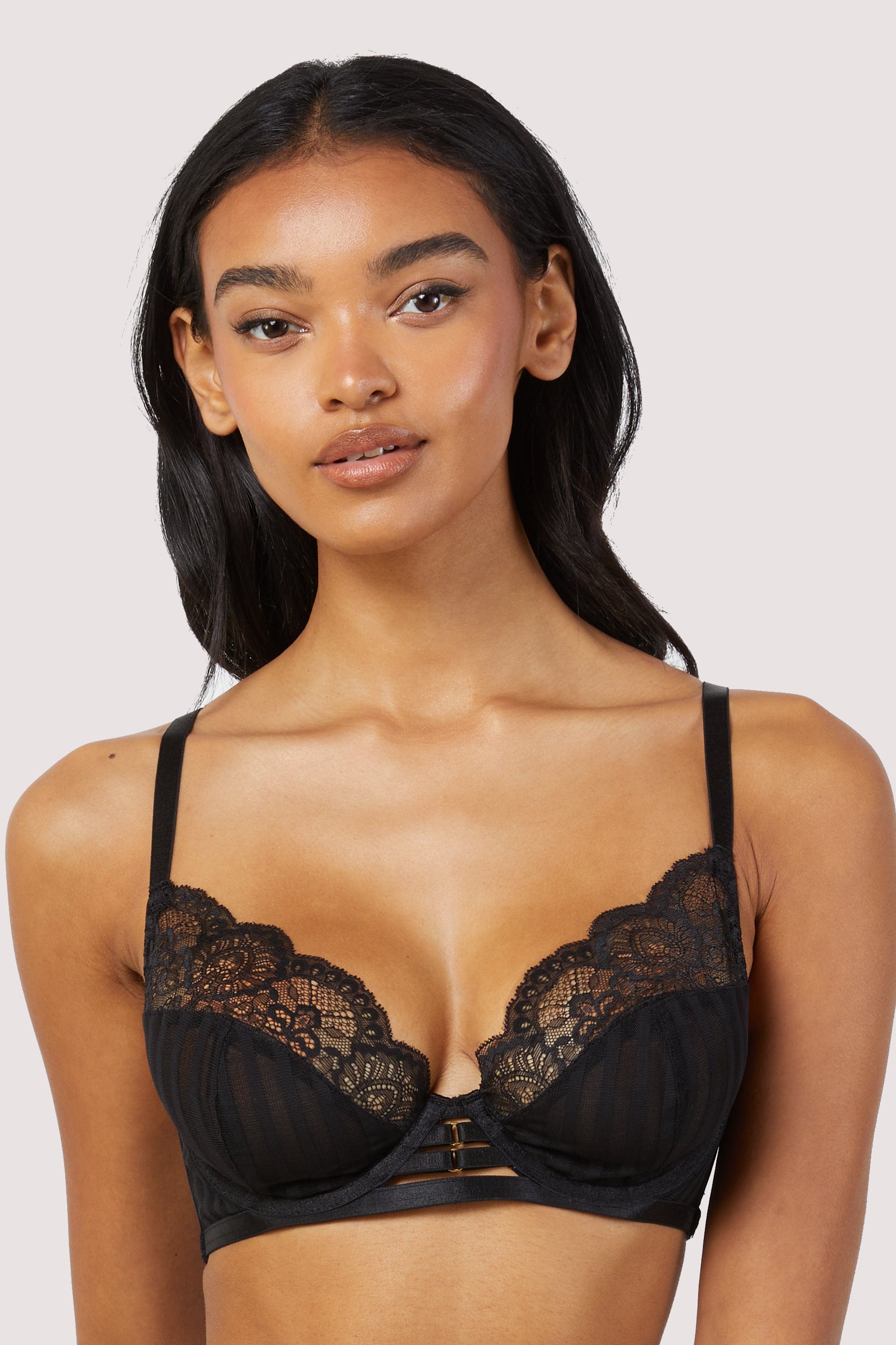 Saretta Black Stripe Mesh and Lace Plunge Bra 32D