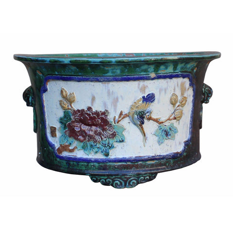 Chinese Clay Dimensional Flower Birds Round Green Glaze Planter