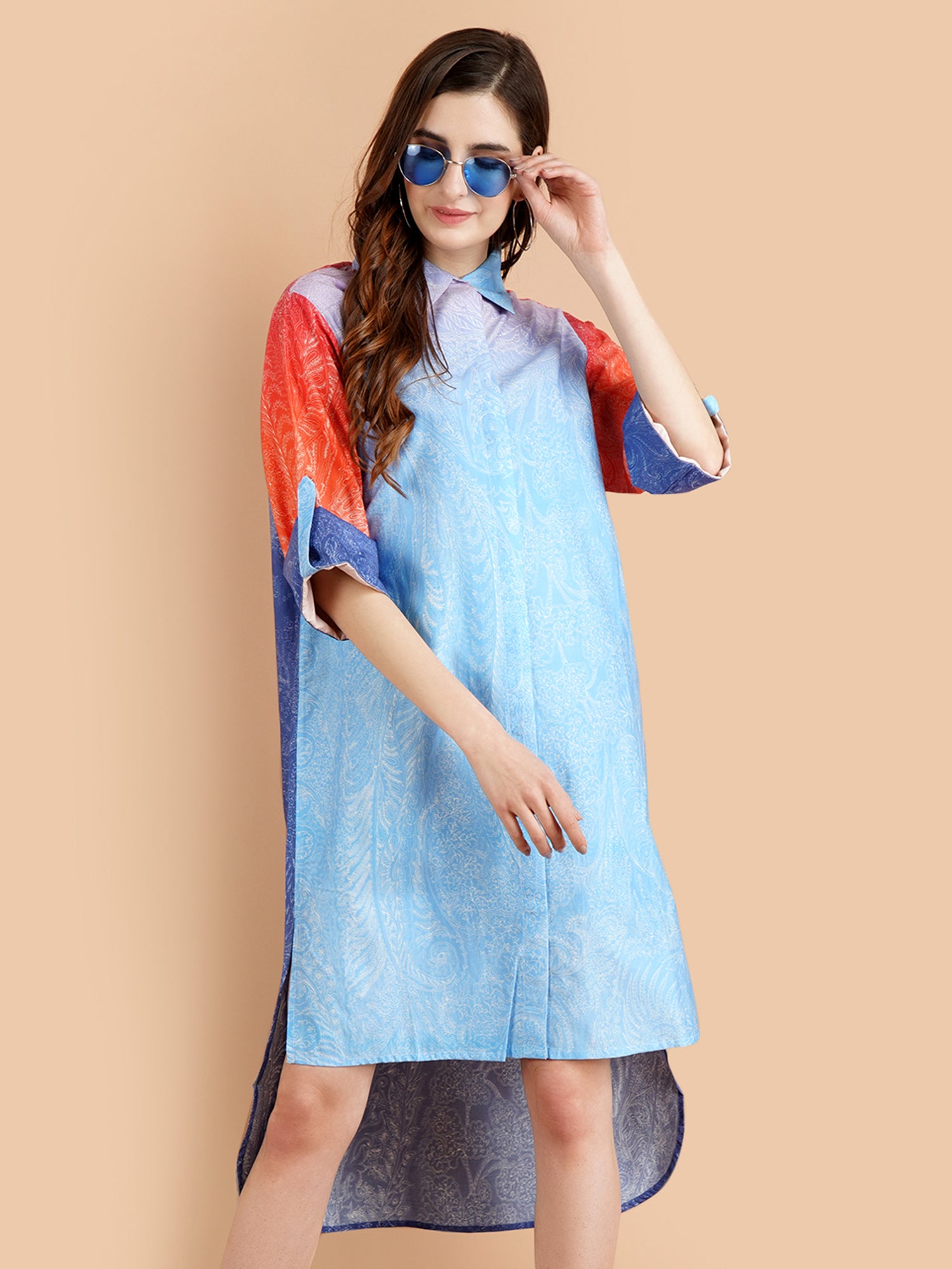 Pashma Elegant Shaded Paisley print Dress in Blue and Orange color