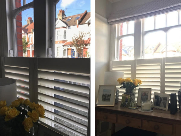 two images showing details of windows with half height shutters in Chiswick family home