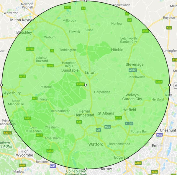 map of hertfordshire and surrounding areas covered by The Shutter Shop