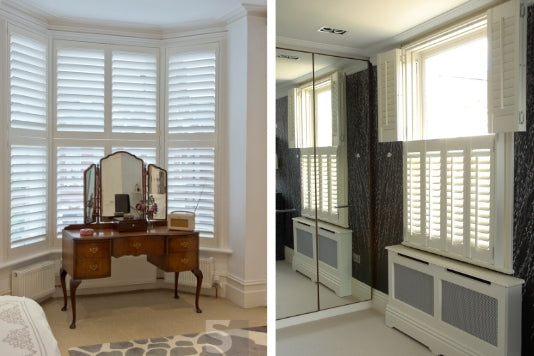 two portrait images of rooms with white shutters