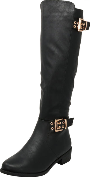 black pu buckle detail chunky over the knee boots