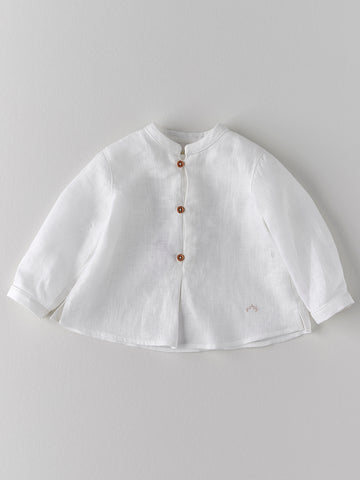 Nanos Baby Bright White Brown Button Linen Long Sleeve Shirt