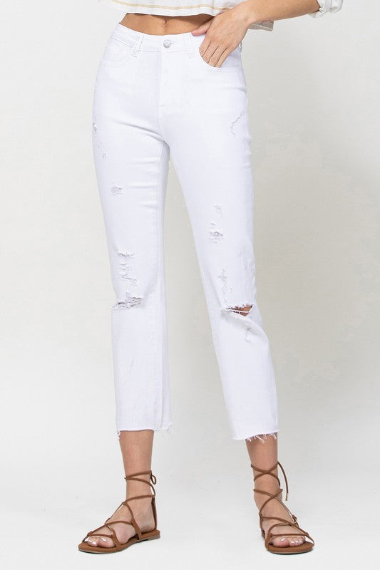 White Frayed Hem High Waist Jeans, 44% OFF