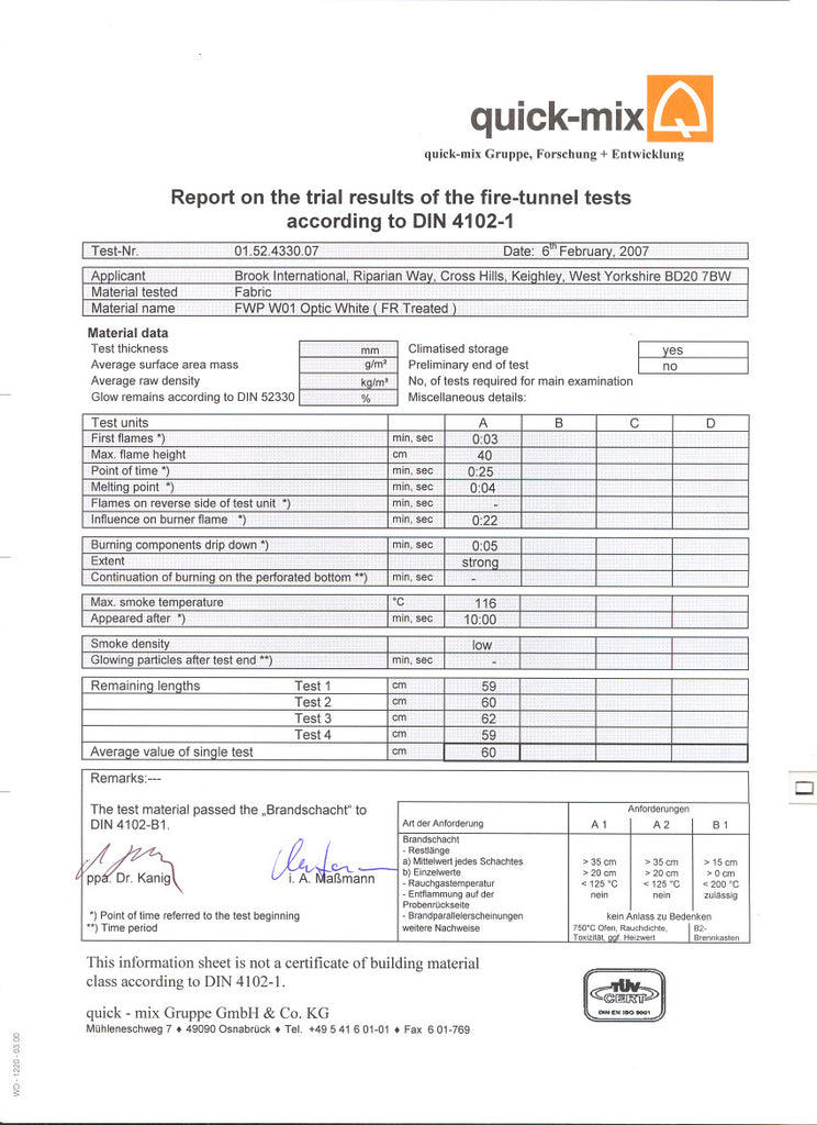 Brook international fire retardant spec sheets