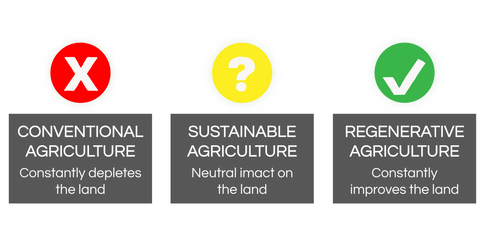 Conventional Agriculture depletes land, Sustainable Agriculture has neutral impact on land, Regenerative Agriculture constantly improves land