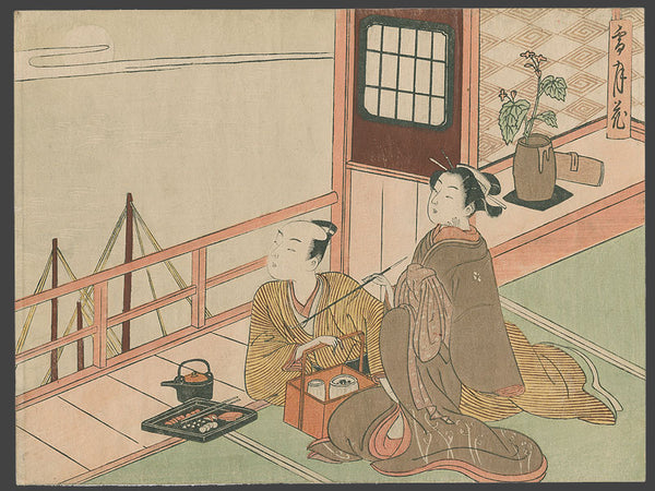 ukiyo-e print of moon-gazing couple