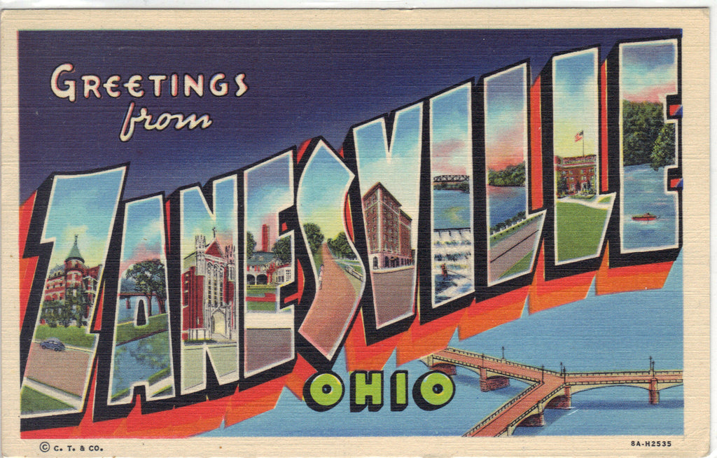 Greetings from Zanesville,Ohio - Large Letter Linen Postcard