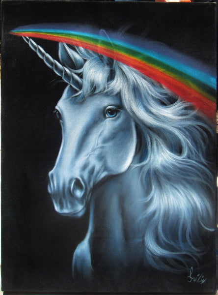 Unicorn, White magical rainbow Unicorn, Original Oil Painting on Black