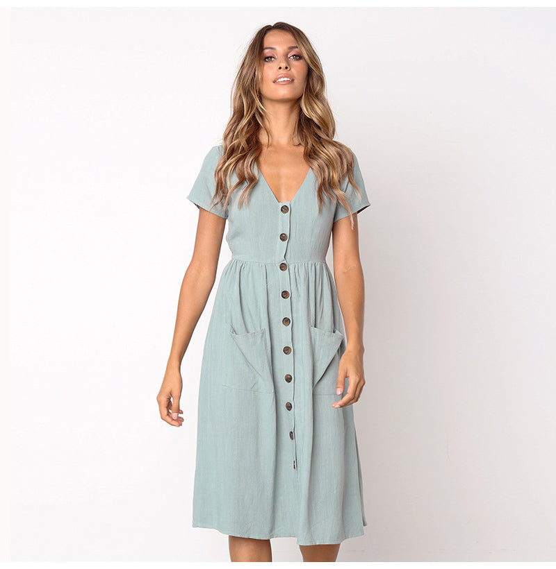 Women Casual A Line Dress V Neck Solid 