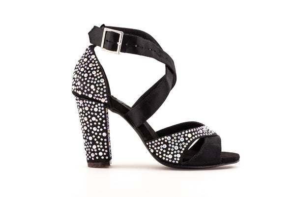 black satin pumps with rhinestones