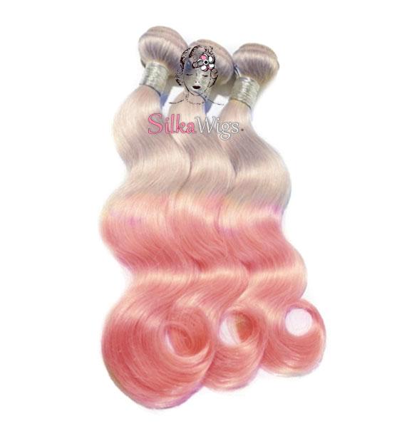 Ombre Grey Pastel Pink100 Human Hair Extension Weave Silkawigs