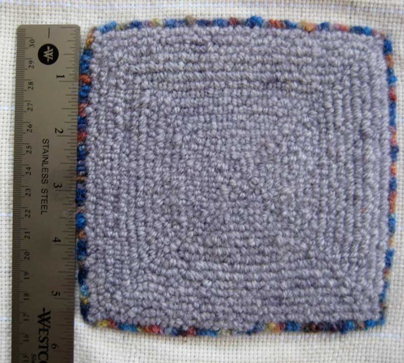 It took one ounce of worsted weight yarn to make this 5 1/2 inch square using "The Mini"