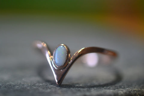 14K Rose Gold Arch Ring With White Opal Cabochon