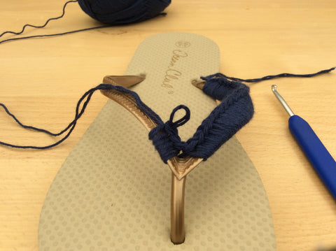 Crocheting over flip flops with DROPS Loves You 7 by Cotton Pod