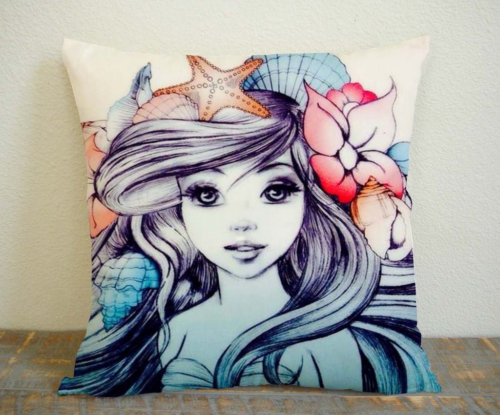 Little Mermaid Painting Pillow Case, Pillow Decoration, Pillow Cover, 16 x 16 Inch One Side, 16 x 16 Inch Two Side, 18 x 18 Inch One Side, 18 x 18 Inch Two Side, 20 x 20 Inch One Side, 20 x 20 Inch Two Side