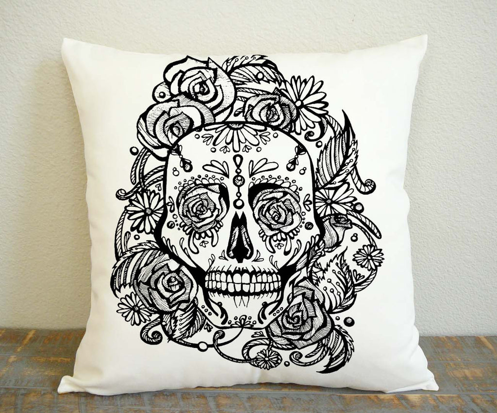Sugar Skull Roses Pillow Case, Pillow Decoration, Pillow Cover, 16 x 16 Inch One Side, 16 x 16 Inch Two Side, 18 x 18 Inch One Side, 18 x 18 Inch Two Side, 20 x 20 Inch One Side, 20 x 20 Inch Two Side