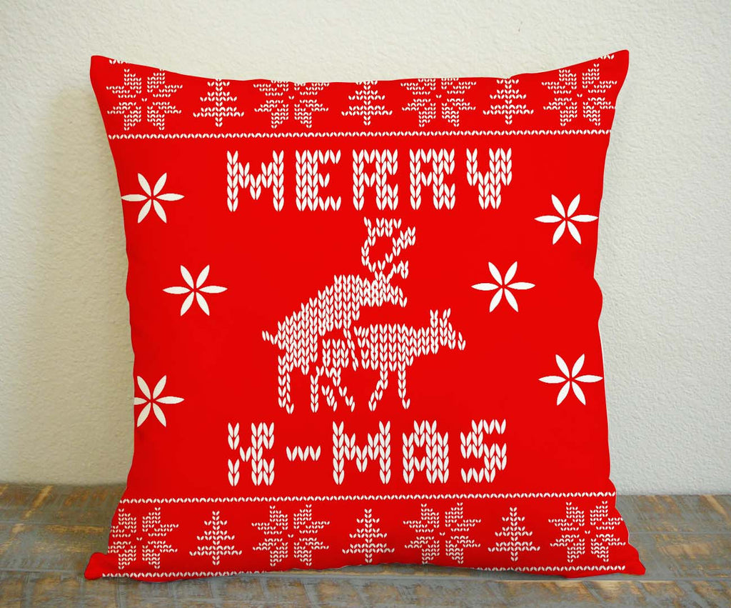 Merry X Mass Deer Ugly Pattern Pillow Case, Pillow Decoration, Pillow Cover, 16 x 16 Inch One Side, 16 x 16 Inch Two Side, 18 x 18 Inch One Side, 18 x 18 Inch Two Side, 20 x 20 Inch One Side, 20 x 20 Inch Two Side