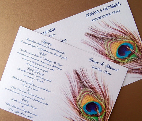 Peacock menu, gold, teal, navy, ivory menu, feather menu, peacock feather menu
