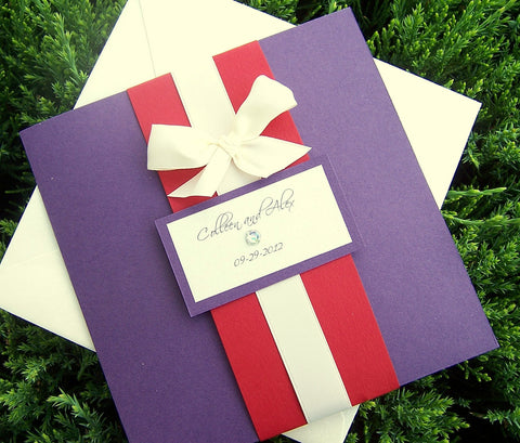 Pocketfold invitation, chic invitation, modern wedding invitation, pocket fold invitation, purple, red, ivory invitation, bow invitation
